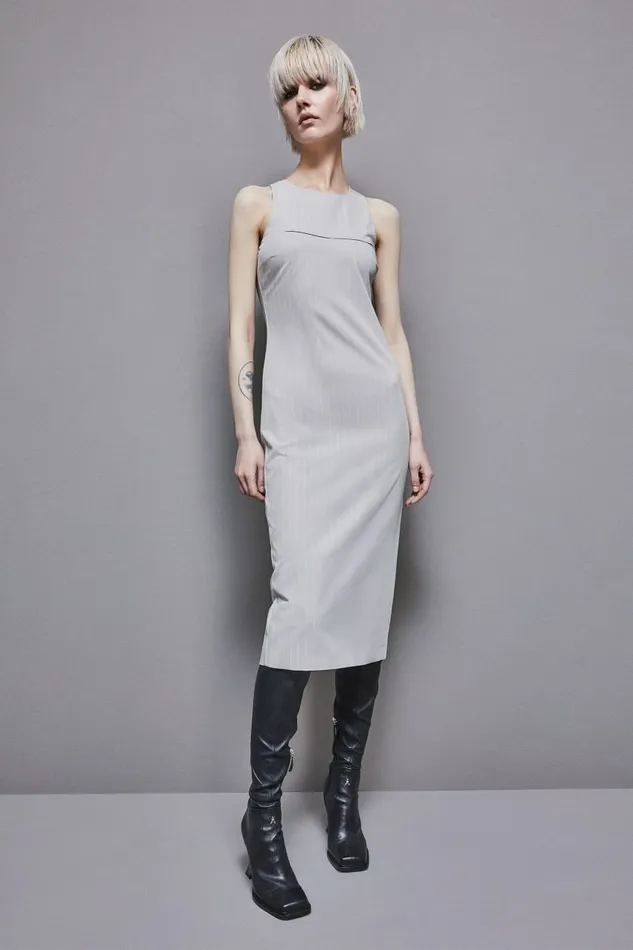 Patrizia Pepe Dresses Pinstripe Crew Neck Midi Sheath Dress Grey 8211 Women