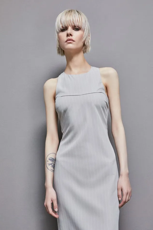 Patrizia Pepe Dresses Pinstripe Crew Neck Midi Sheath Dress Grey 8211 Women