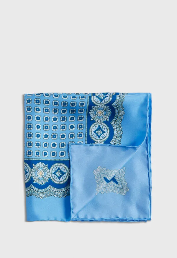 Paulstuart Silk Twill Medallion Pocket Square Blue Mens Pocket Squares