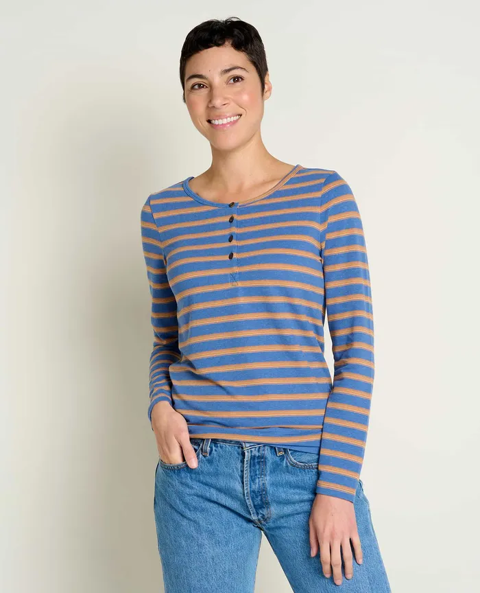 Piru Long Sleeve Henley Cornflower Uneven Stripe Women8217s Tops and TShirts ToadandCo