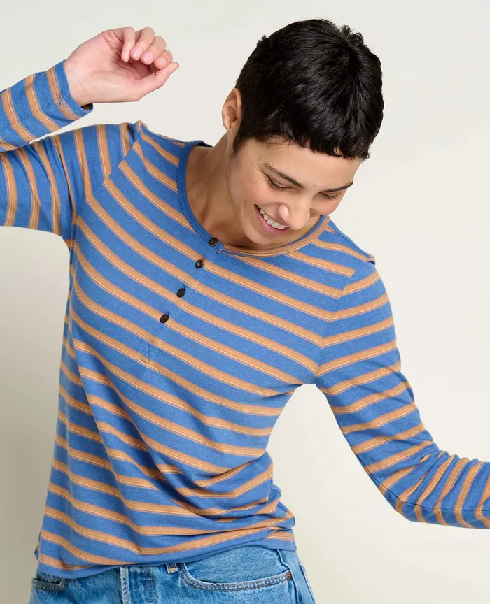 Piru Long Sleeve Henley Cornflower Uneven Stripe Women8217s Tops and TShirts ToadandCo