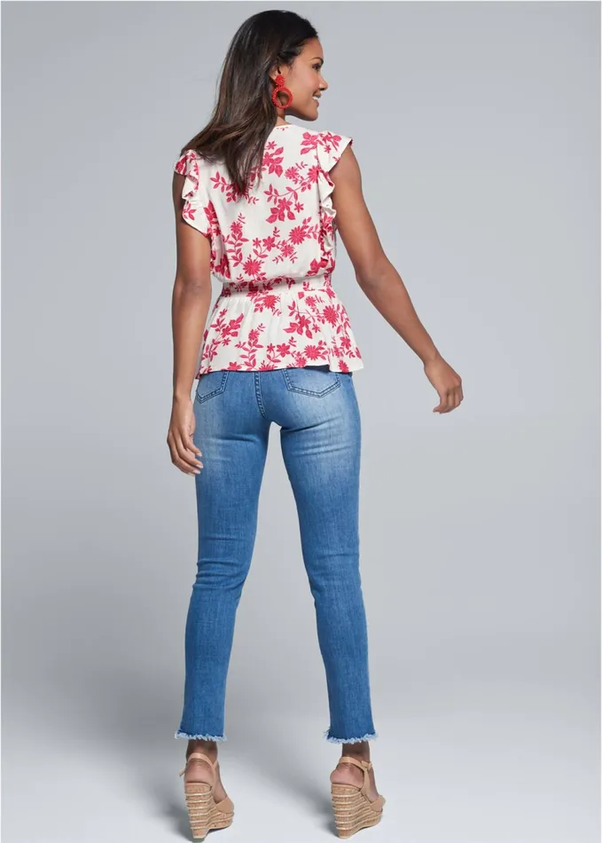 PLUNGING FLORAL TOP White and Red Women VENUS Blouses