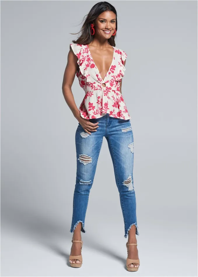 PLUNGING FLORAL TOP White and Red Women VENUS Blouses