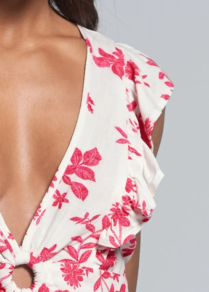 PLUNGING FLORAL TOP White and Red Women VENUS Blouses