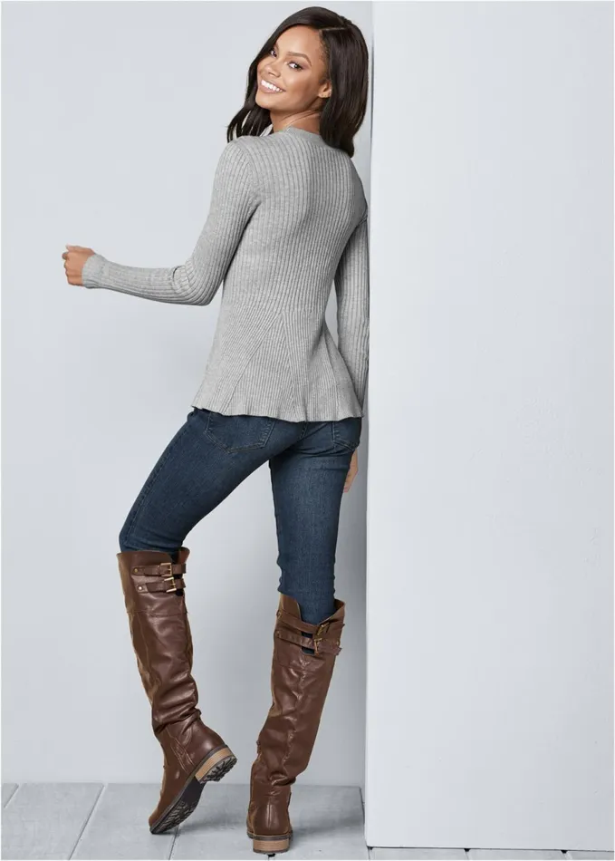 RIBBED PEPLUM SWEATER Heather Grey Women VENUS Pullover