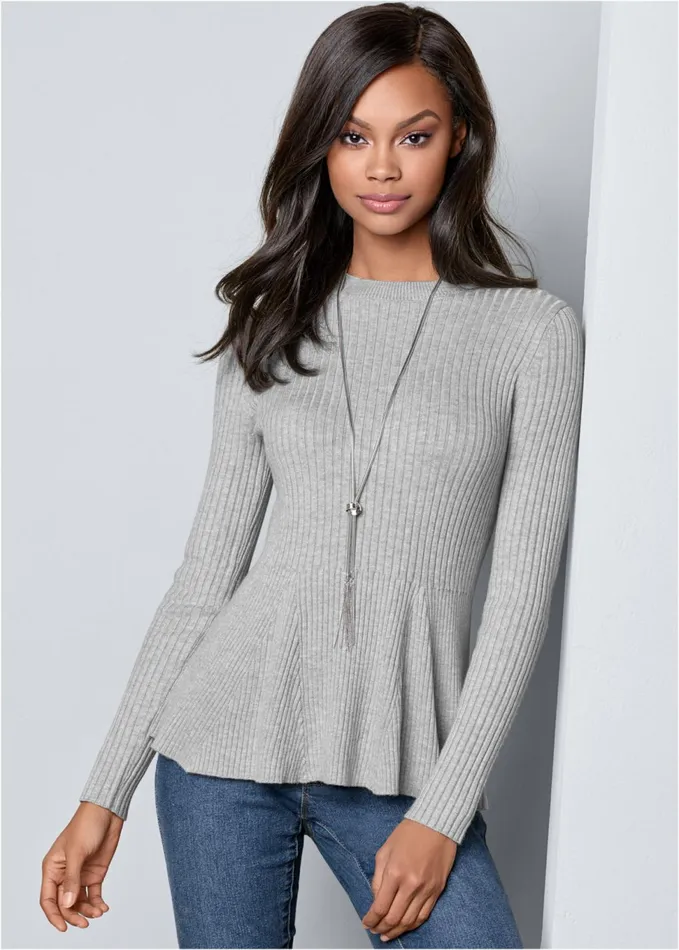 RIBBED PEPLUM SWEATER Heather Grey Women VENUS Pullover