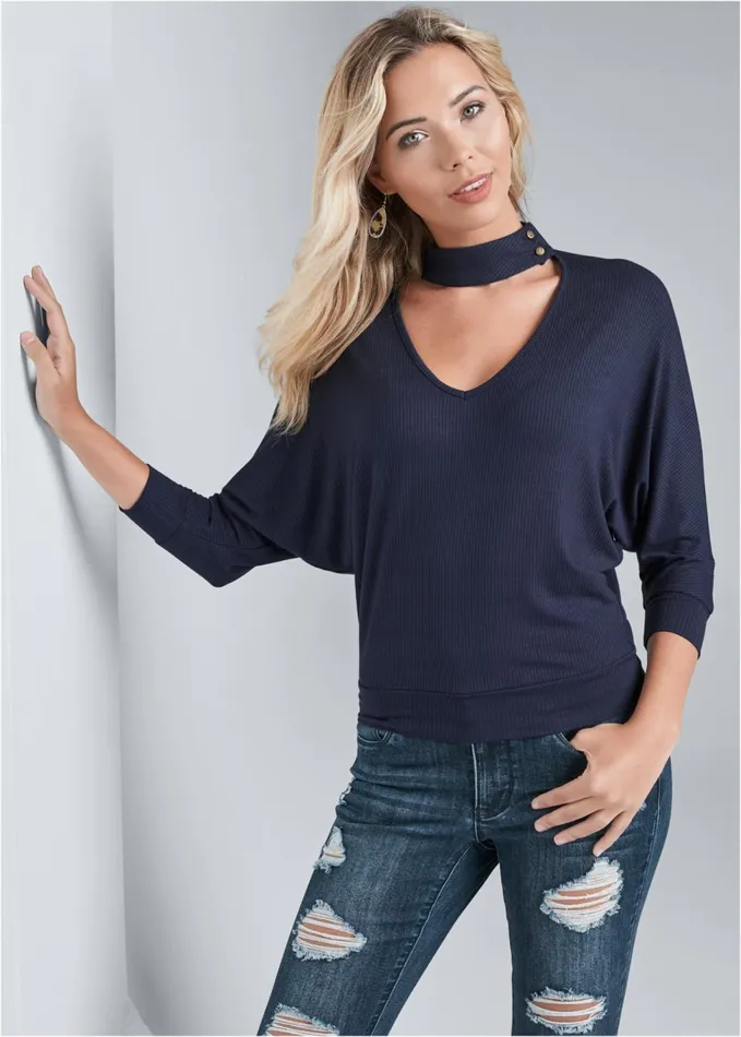 RIBBED VNECK CHOKER TOP Navy Women VENUS Casual Tops