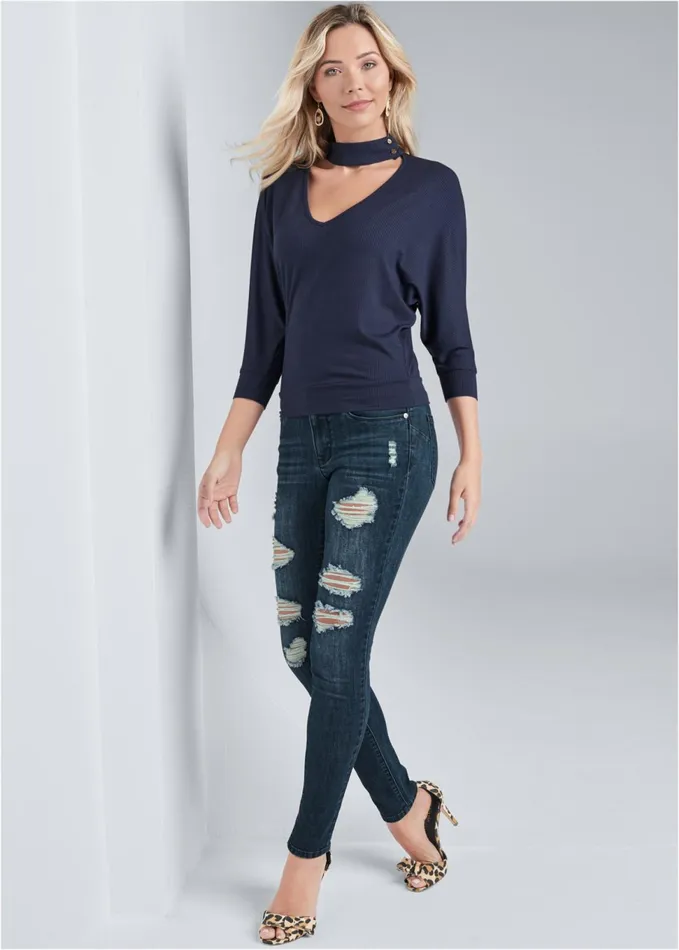 RIBBED VNECK CHOKER TOP Navy Women VENUS Casual Tops