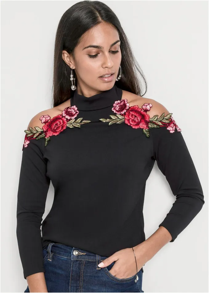 Rose Applique Coldshoulder Top Black Women VENUS Night Out Tops