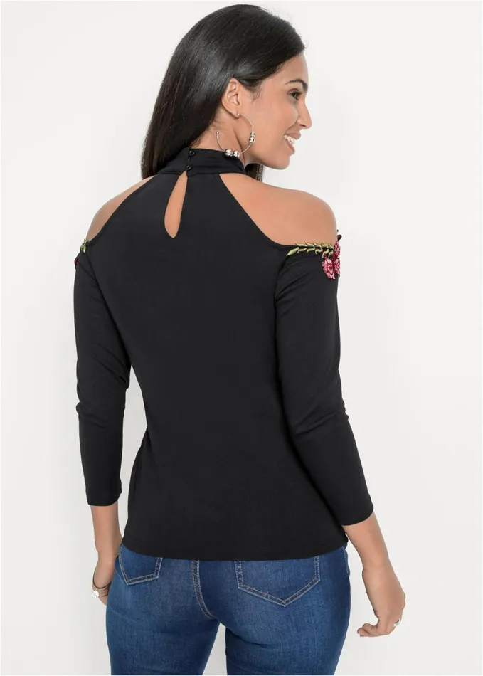Rose Applique Coldshoulder Top Black Women VENUS Night Out Tops
