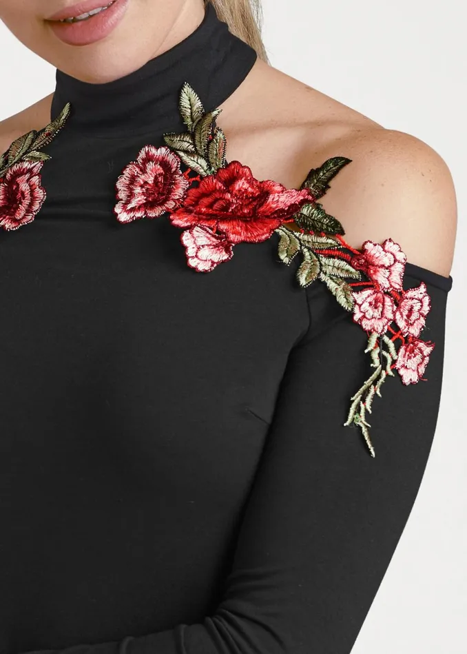 Rose Applique Coldshoulder Top Black Women VENUS Night Out Tops