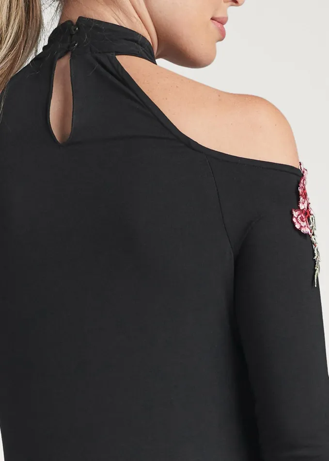 Rose Applique Coldshoulder Top Black Women VENUS Night Out Tops
