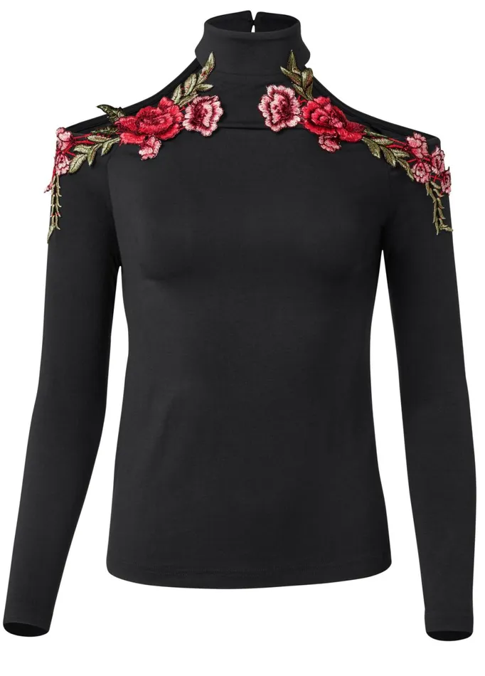 Rose Applique Coldshoulder Top Black Women VENUS Night Out Tops