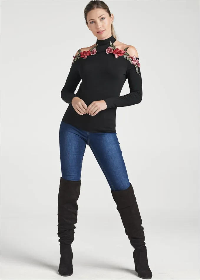 Rose Applique Coldshoulder Top Black Women VENUS Night Out Tops