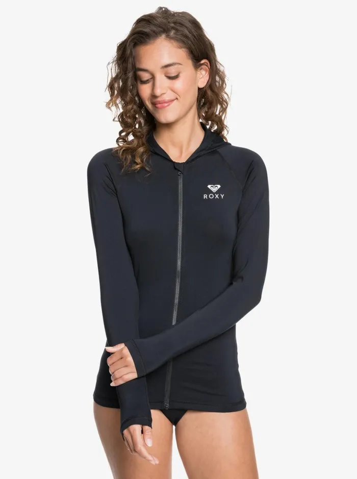 Roxy Rashguards Roxy Essentials Hooded UPF 50 Long Sleeve Rashguard Anthracite 8211 Women Roxy Rashguards Roxy Essentials Hooded UPF 50 Long Sleeve Rashguard Anthracite 8211 Women