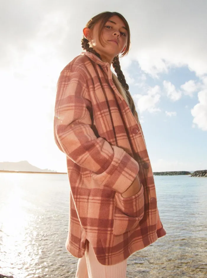 Roxy Tees and Tanks Girl039s 416 Ocean Quiet ZipUp Fleece Cedar Wood Swell Check 8211 Women