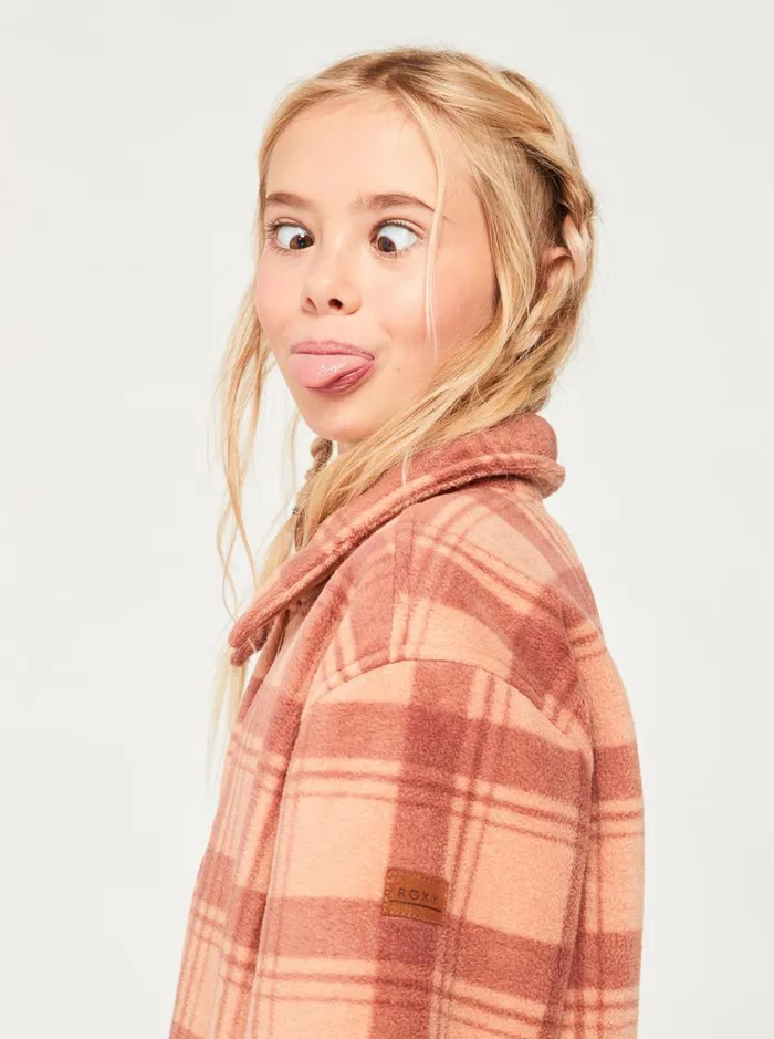 Roxy Tees and Tanks Girl039s 416 Ocean Quiet ZipUp Fleece Cedar Wood Swell Check 8211 Women