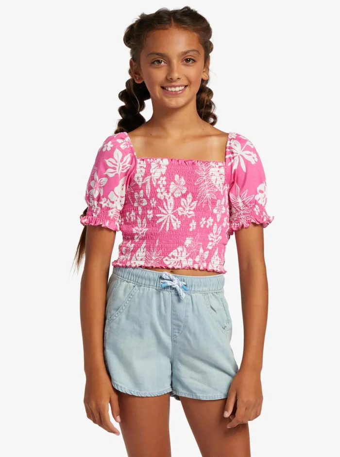 Roxy Tops Girl039s 416 Sunday Night Sessions Puff Sleeve Top For Girls Shocking Pink Hello Aloha 8211 Women