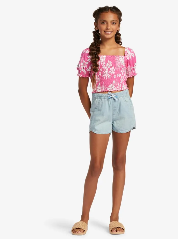Roxy Tops Girl039s 416 Sunday Night Sessions Puff Sleeve Top For Girls Shocking Pink Hello Aloha 8211 Women