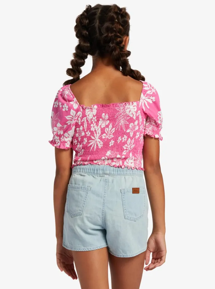 Roxy Tops Girl039s 416 Sunday Night Sessions Puff Sleeve Top For Girls Shocking Pink Hello Aloha 8211 Women
