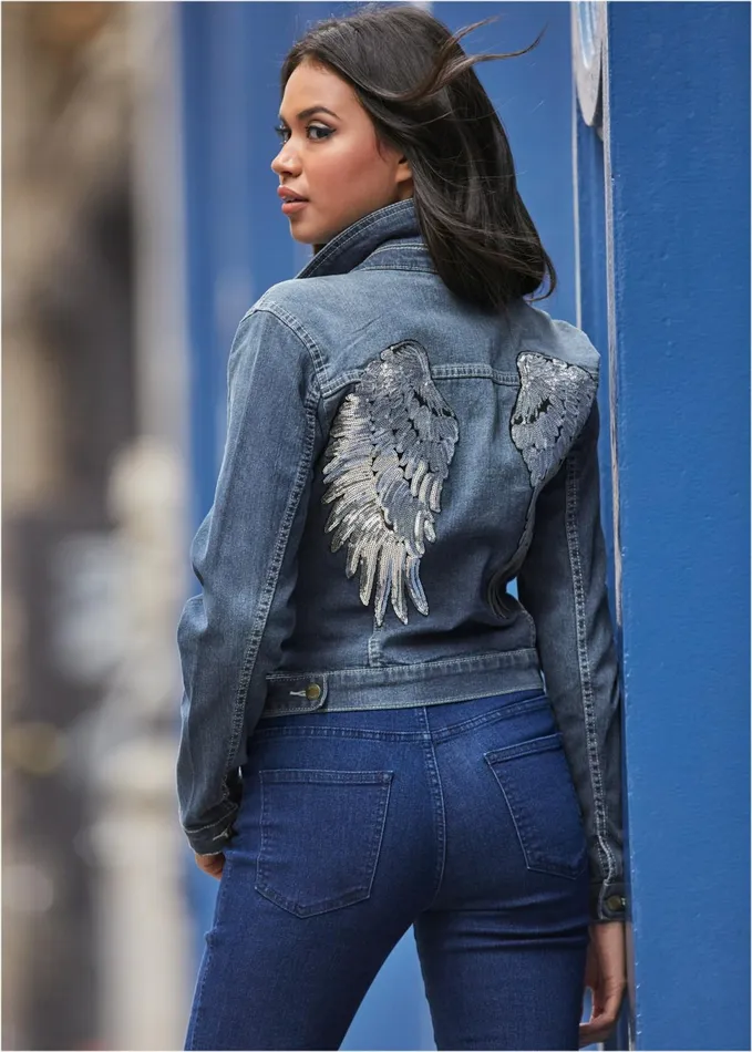 SEQUIN DETAIL JEAN JACKET Medium Wash Women VENUS Denim