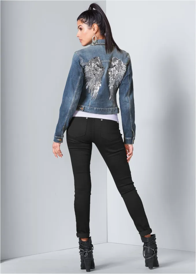 SEQUIN DETAIL JEAN JACKET Medium Wash Women VENUS Denim
