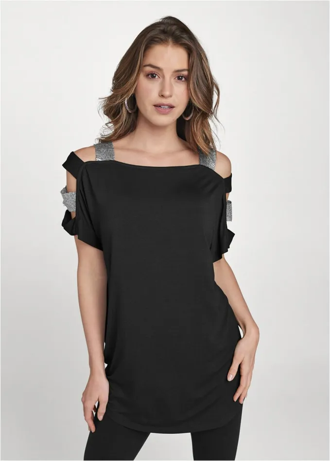 SEQUIN LATTICE SLEEVE TOP Black Women VENUS Night Out Tops