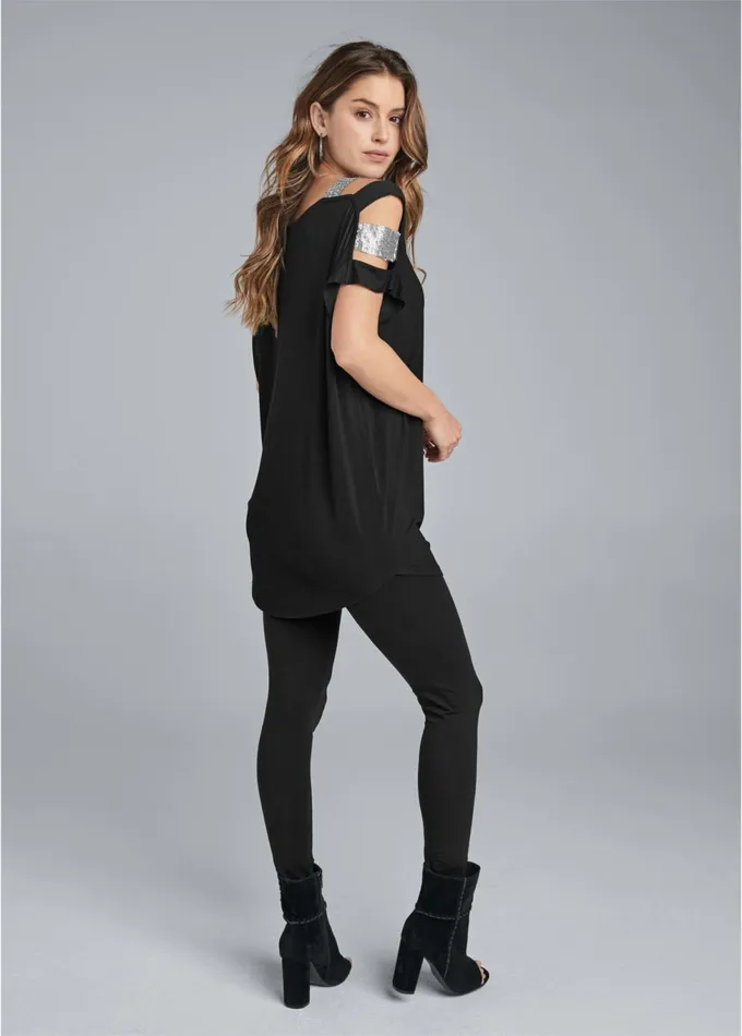 SEQUIN LATTICE SLEEVE TOP Black Women VENUS Night Out Tops