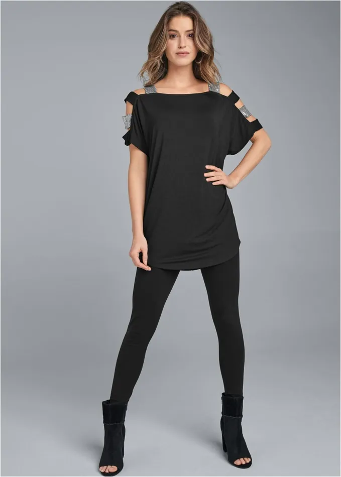 SEQUIN LATTICE SLEEVE TOP Black Women VENUS Night Out Tops
