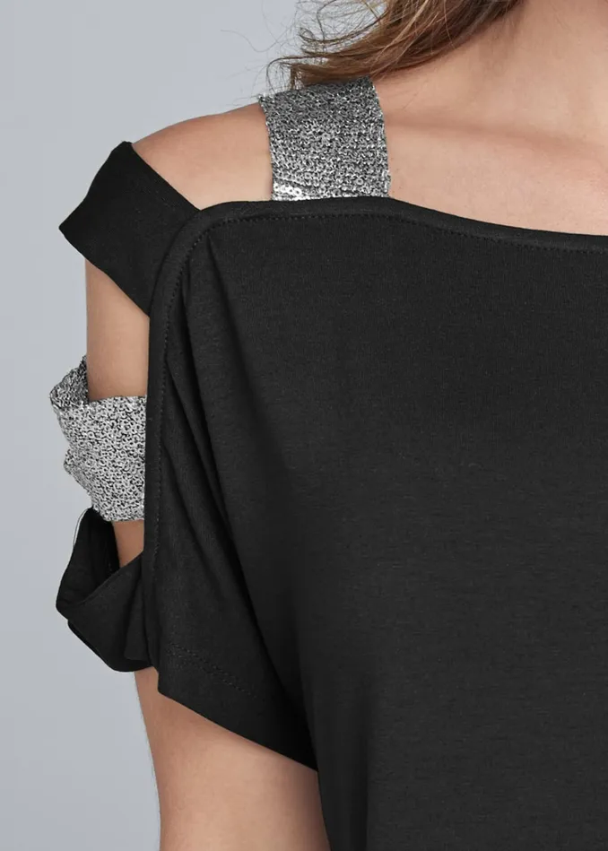 SEQUIN LATTICE SLEEVE TOP Black Women VENUS Night Out Tops
