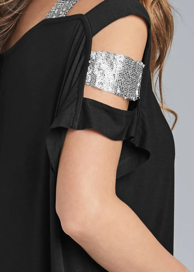 SEQUIN LATTICE SLEEVE TOP Black Women VENUS Night Out Tops