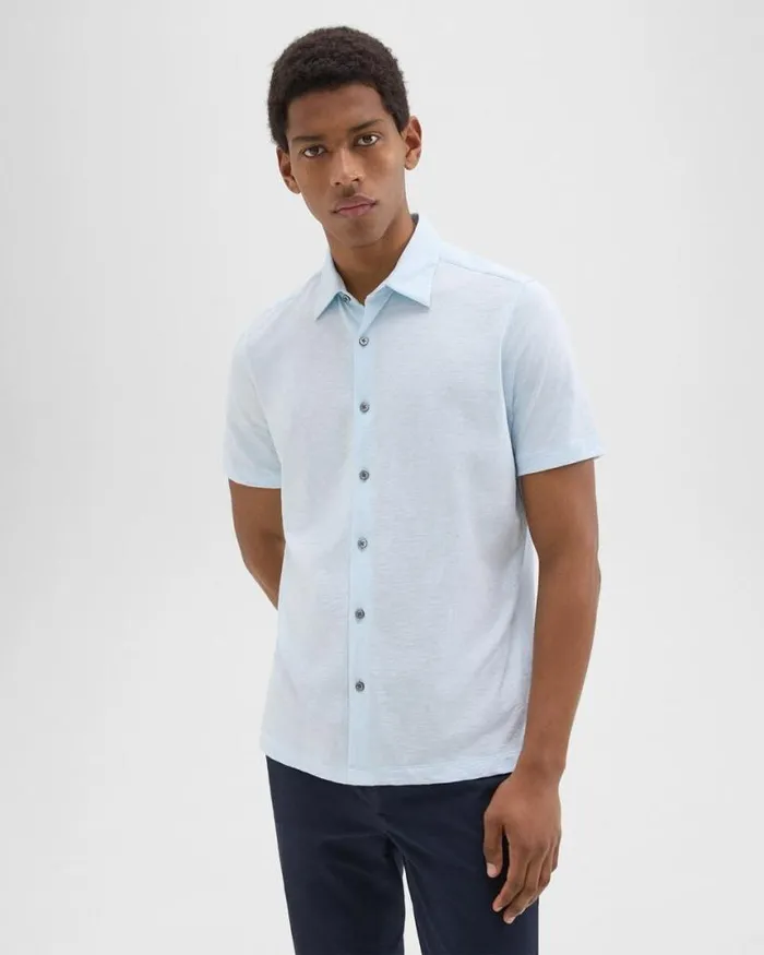 Shirts Men Theory Noran ShortSleeve Shirt In Slub Cotton Skylight
