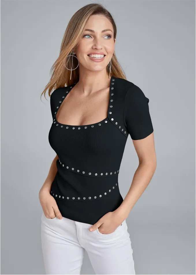 SHORT SLEEVE GROMMET SWEATER Black Women VENUS Sexy Sweaters