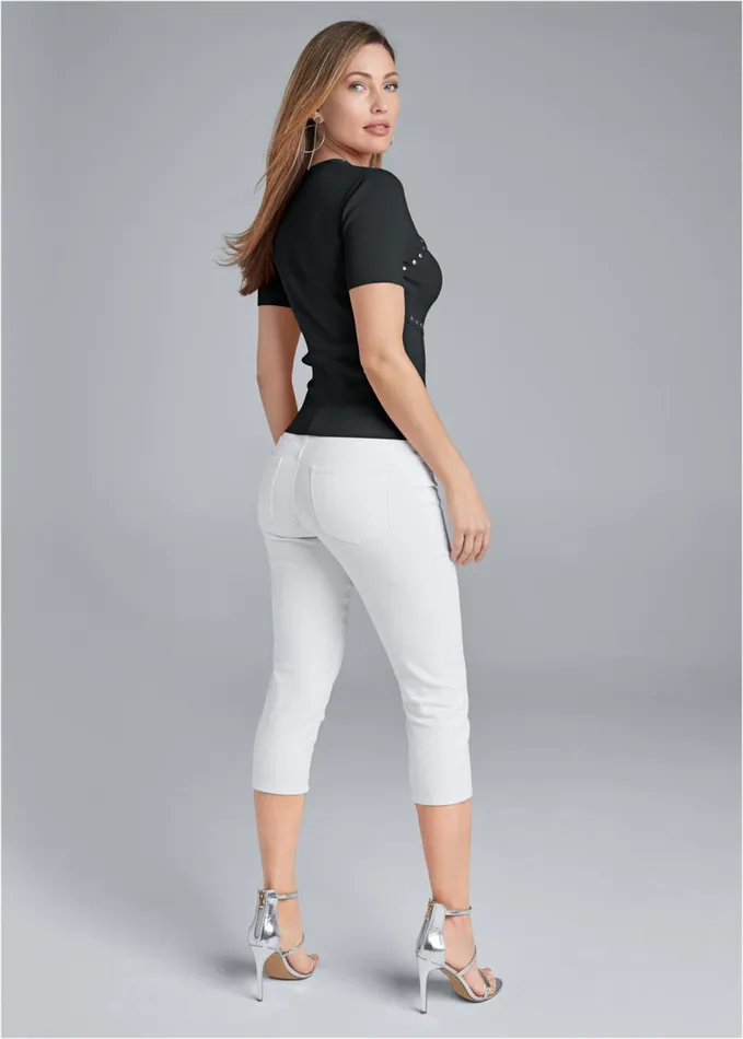 SHORT SLEEVE GROMMET SWEATER Black Women VENUS Sexy Sweaters