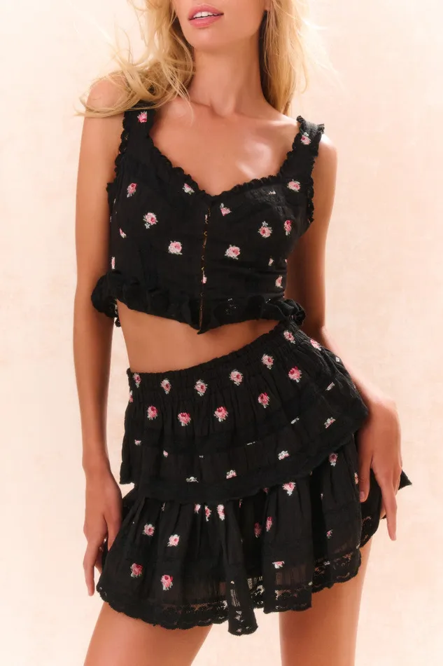 Skirts Women LoveShackFancy Ruffle Mini Embroidered Floral Skirt Black Combo