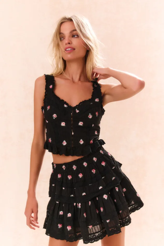 Skirts Women LoveShackFancy Ruffle Mini Embroidered Floral Skirt Black Combo