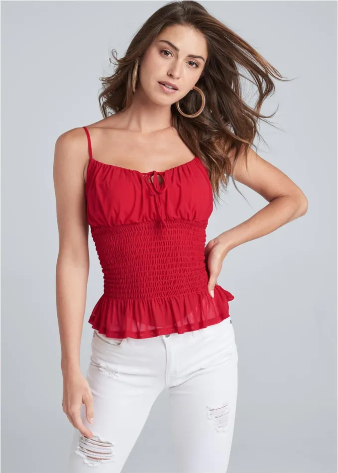 SMOCKED MESH TOP Red Women VENUS Night Out Tops