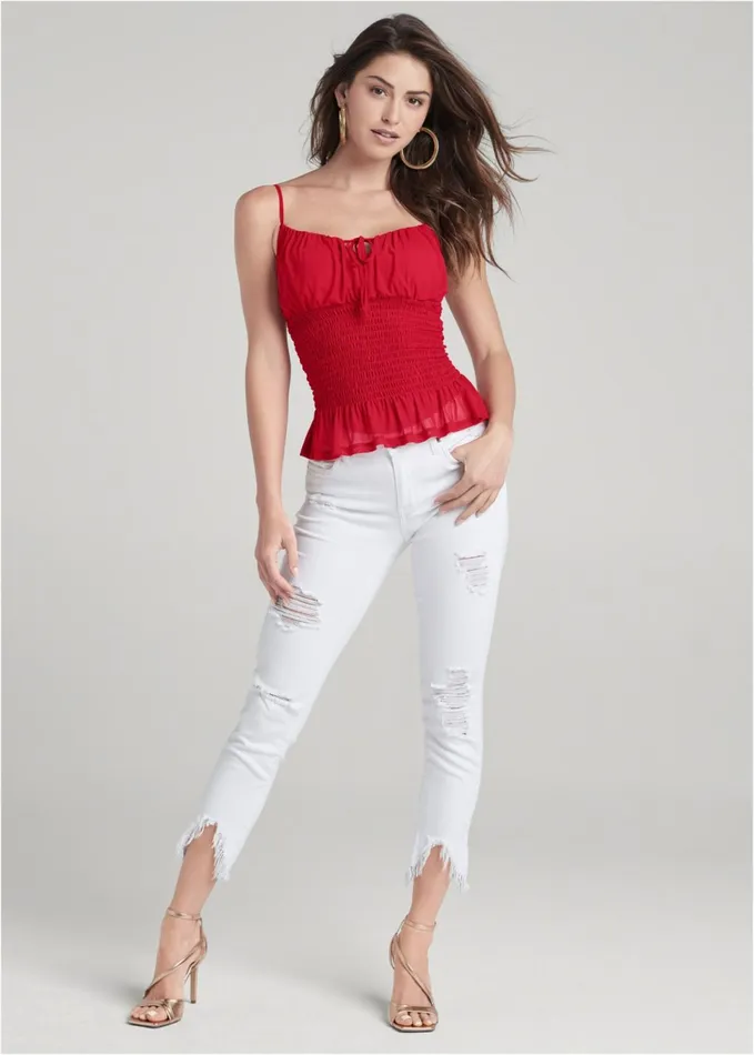 SMOCKED MESH TOP Red Women VENUS Night Out Tops SMOCKED MESH TOP Red Women VENUS Night Out Tops