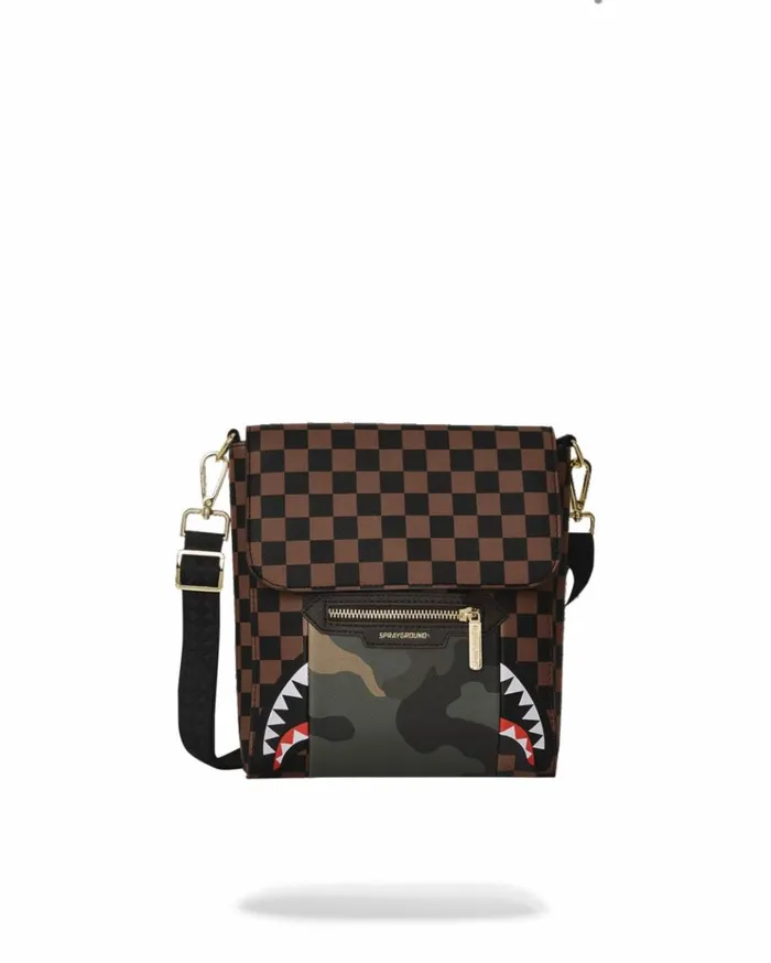 SPRAYGROUND EXTERIOR GOLD ZIP POCKET SHARKS IN PARIS MESSENGER SLING BAG Bags
