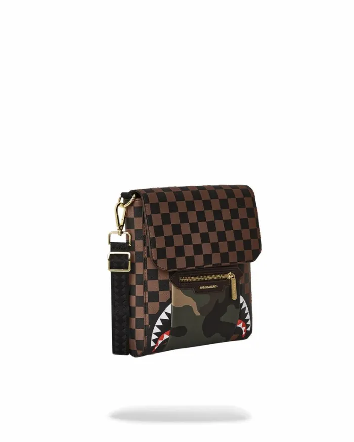SPRAYGROUND EXTERIOR GOLD ZIP POCKET SHARKS IN PARIS MESSENGER SLING BAG Bags