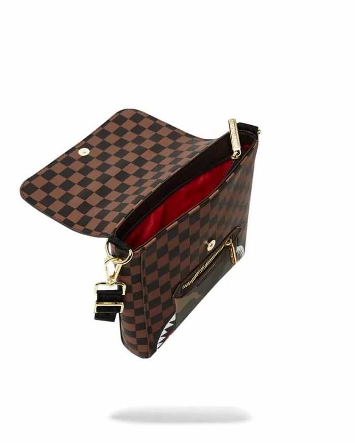 SPRAYGROUND EXTERIOR GOLD ZIP POCKET SHARKS IN PARIS MESSENGER SLING BAG Bags