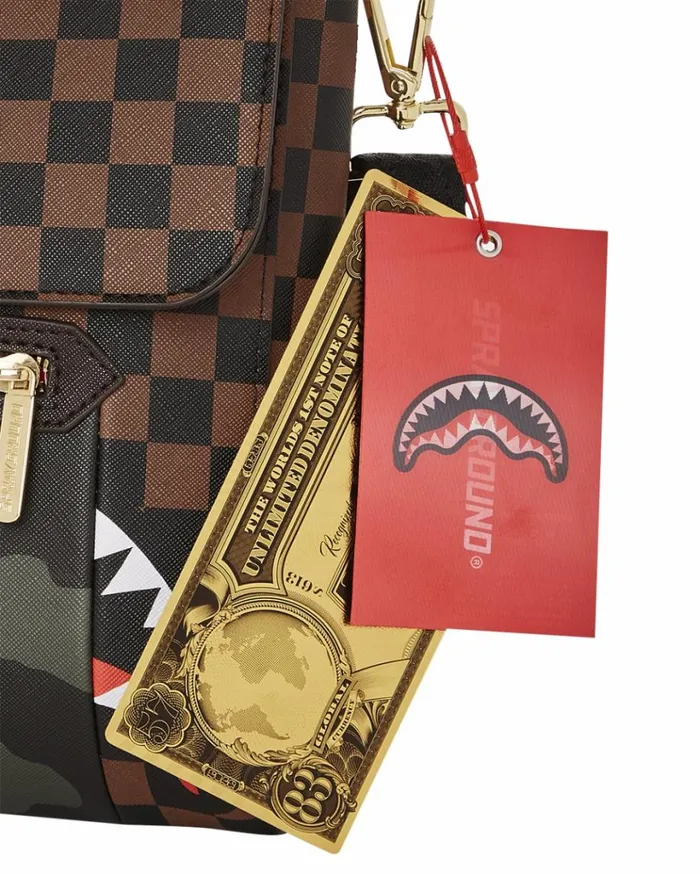 SPRAYGROUND EXTERIOR GOLD ZIP POCKET SHARKS IN PARIS MESSENGER SLING BAG Bags