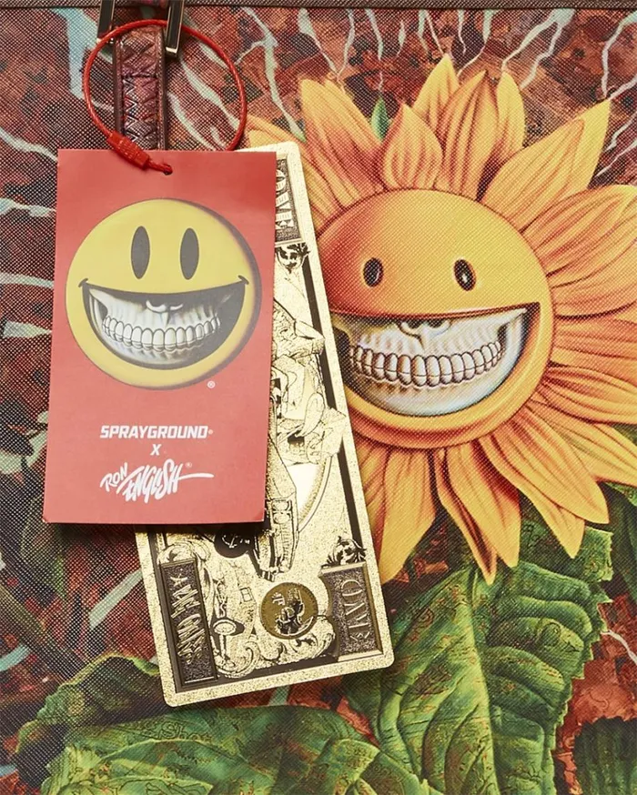 SPRAYGROUND SUNFLOWER GRIN RON ENGLISH COLLAB TOTE Bags