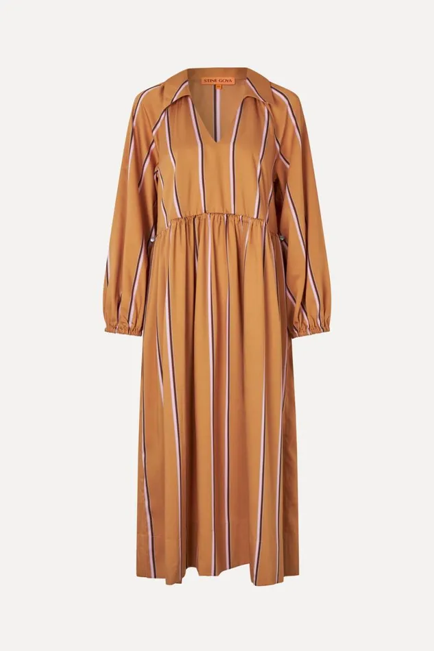 Stine Goya Dresses Elasticated Midi Dress 8211 Cocoa Stripes 8211 Women