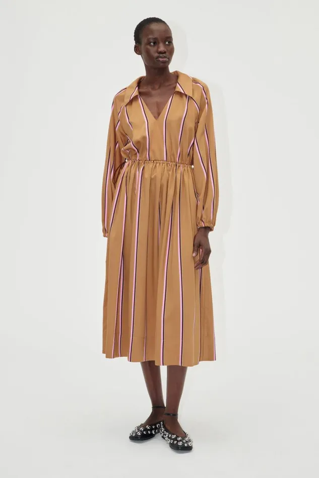 Stine Goya Dresses Elasticated Midi Dress 8211 Cocoa Stripes 8211 Women