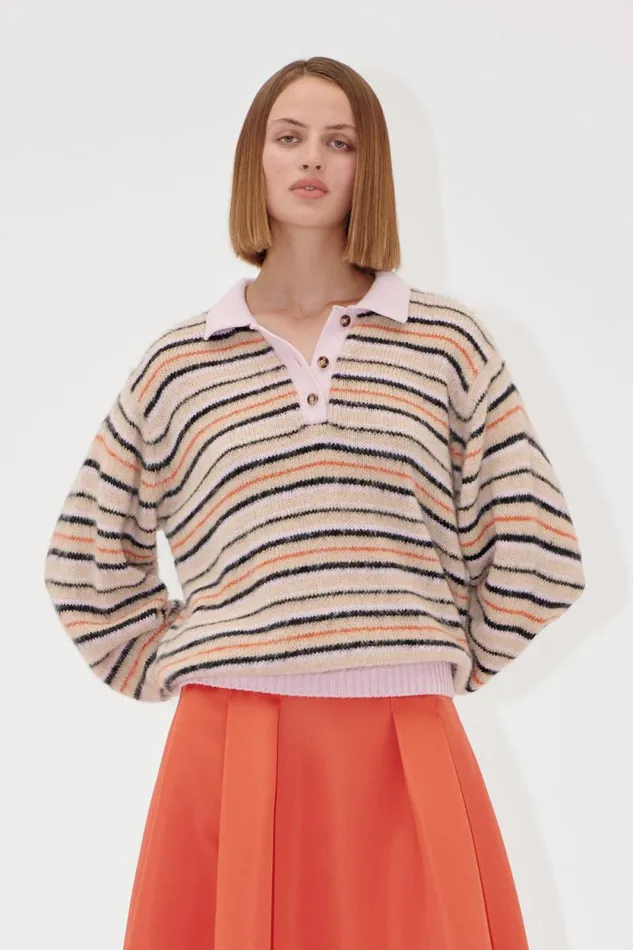 Stine Goya Knitwear Long Sleeve Knit Polo 8211 Alpaca Cream Stripes 8211 Women