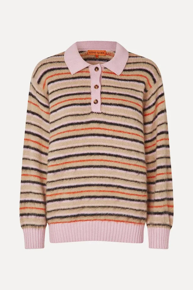 Stine Goya Knitwear Long Sleeve Knit Polo 8211 Alpaca Cream Stripes 8211 Women