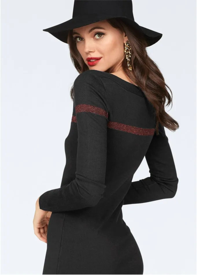 STRIPE DETAIL SWEATER DRESS Black Women VENUS Short Dresses
