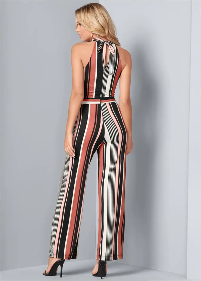 STRIPE HIGH NECK JUMPSUIT Coral Multi Women VENUS Jumpsuits