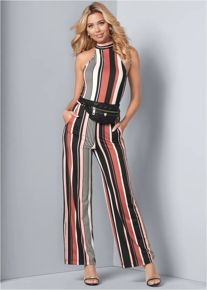 STRIPE HIGH NECK JUMPSUIT Coral Multi Women VENUS Jumpsuits
